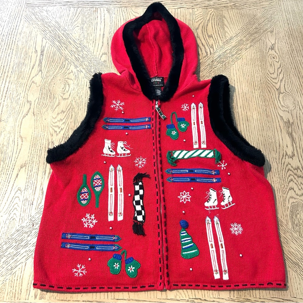 VTG Designers Originals Studio Joy Womens PXL Red Knit Christmas Sweater Vest